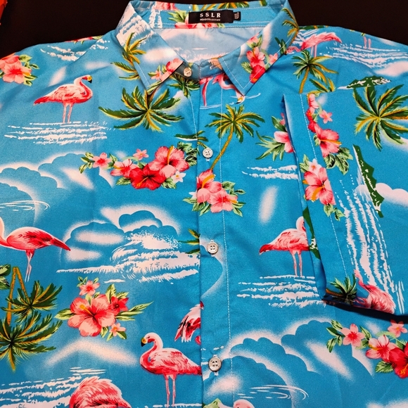 SSLR Flamingo Hawaiian Tropical Blue Floral Cruise Shirt Mens 4XL Button Up - Picture 1 of 4